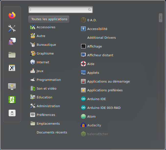 Menu utilisé par l'environnement Cinnamon